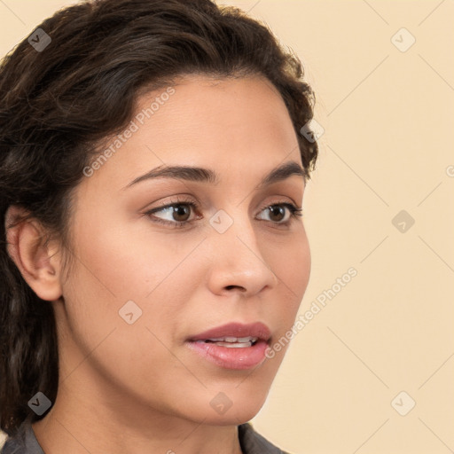 Neutral white young-adult female with medium  brown hair and brown eyes