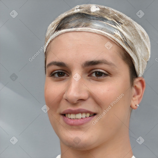 Joyful white young-adult female with short  brown hair and brown eyes