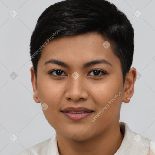 Joyful asian young-adult female with short  brown hair and brown eyes