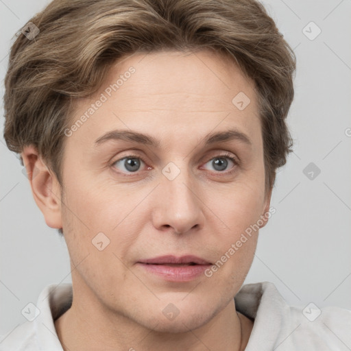 Joyful white adult female with short  brown hair and grey eyes