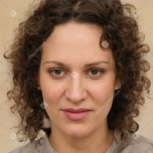 Joyful white young-adult female with medium  brown hair and green eyes