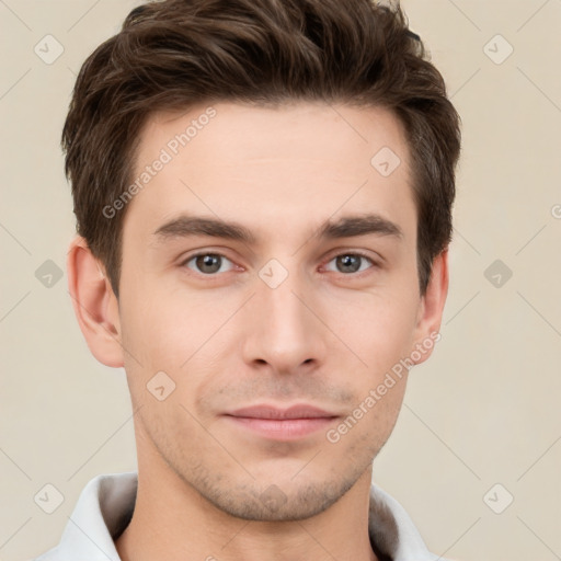 Neutral white young-adult male with short  brown hair and brown eyes