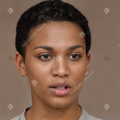 Neutral black young-adult female with short  black hair and brown eyes