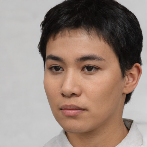 Neutral asian young-adult male with short  black hair and brown eyes