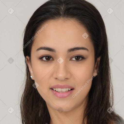 Joyful latino young-adult female with long  brown hair and brown eyes