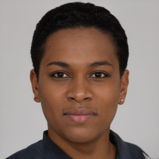 Neutral black young-adult female with short  black hair and brown eyes