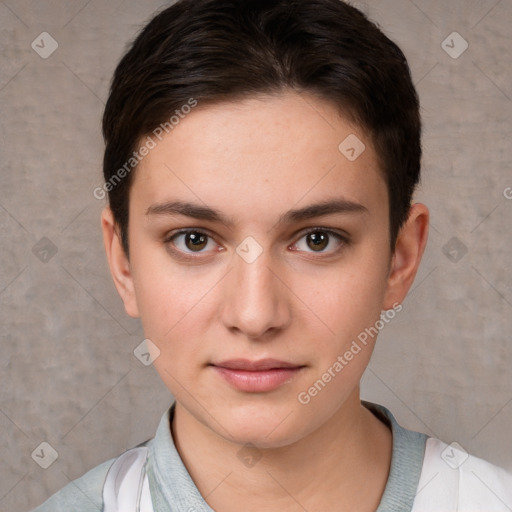 Neutral white young-adult female with short  brown hair and brown eyes