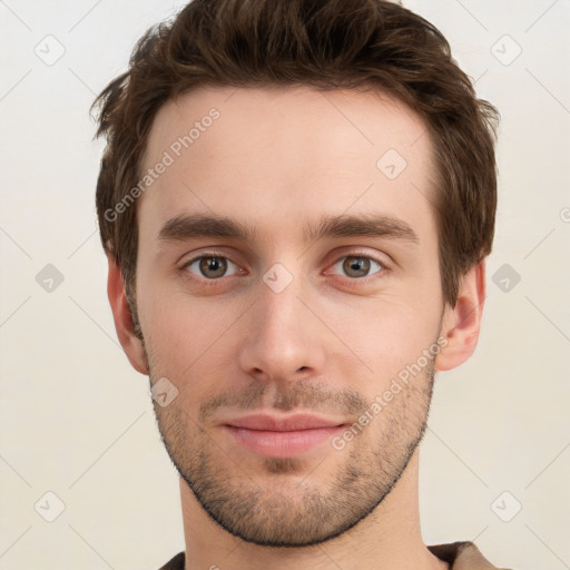 Neutral white young-adult male with short  brown hair and grey eyes