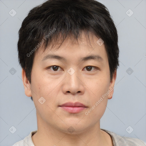 Neutral asian young-adult male with short  brown hair and brown eyes