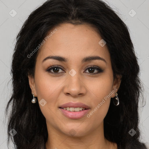 Joyful latino young-adult female with long  brown hair and brown eyes