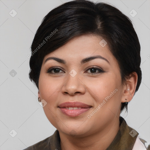 Joyful asian young-adult female with medium  brown hair and brown eyes