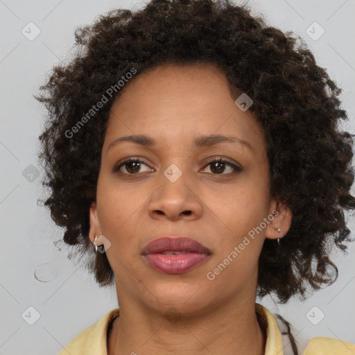 Joyful black young-adult female with medium  brown hair and brown eyes