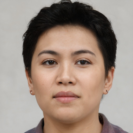 Neutral asian young-adult female with short  brown hair and brown eyes