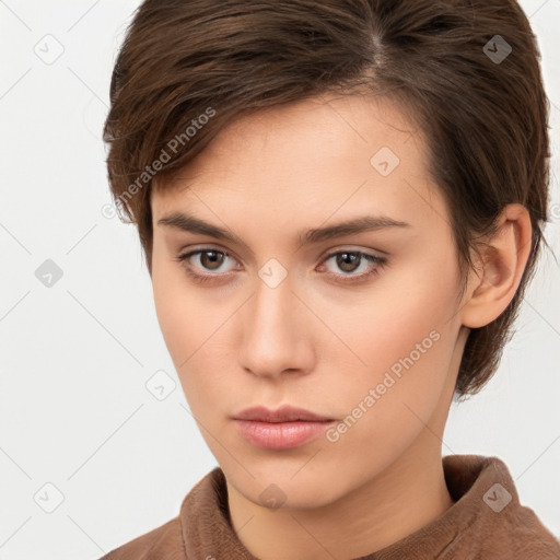 Neutral white young-adult female with short  brown hair and brown eyes