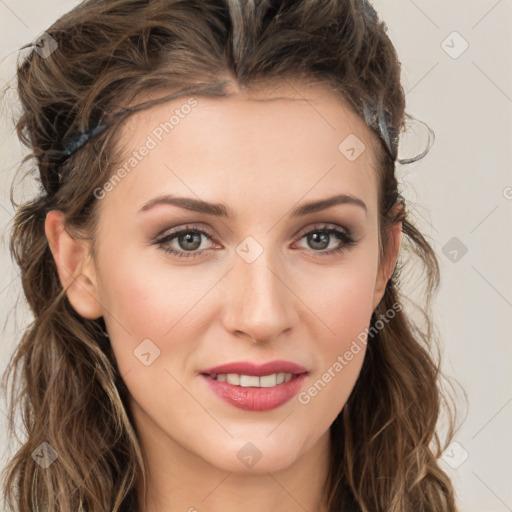 Joyful white young-adult female with long  brown hair and blue eyes