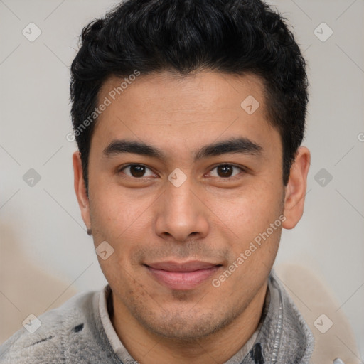 Joyful latino young-adult male with short  brown hair and brown eyes