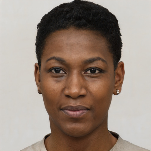 Neutral black young-adult female with short  black hair and brown eyes