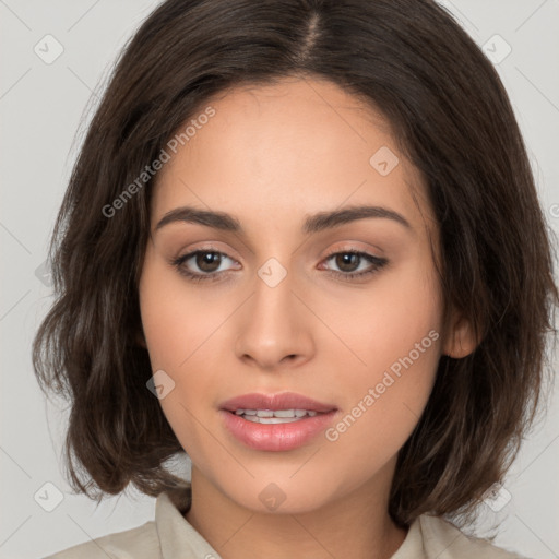 Neutral white young-adult female with medium  brown hair and brown eyes