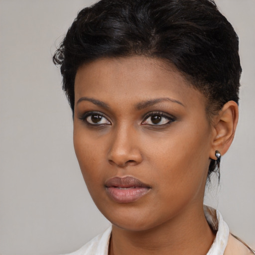 Neutral black young-adult female with short  brown hair and brown eyes