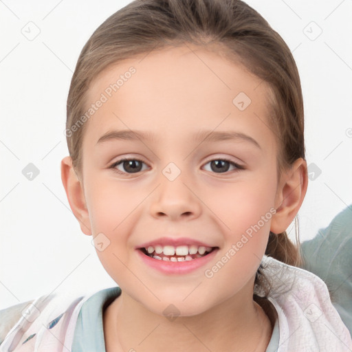 Joyful white child female with medium  brown hair and brown eyes