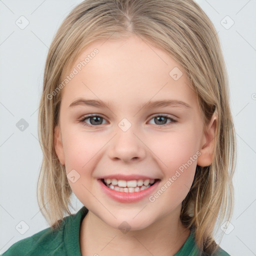 Joyful white child female with medium  brown hair and grey eyes