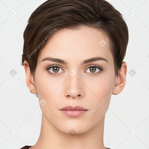 Neutral white young-adult female with short  brown hair and brown eyes