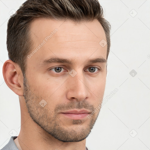 Neutral white young-adult male with short  brown hair and brown eyes