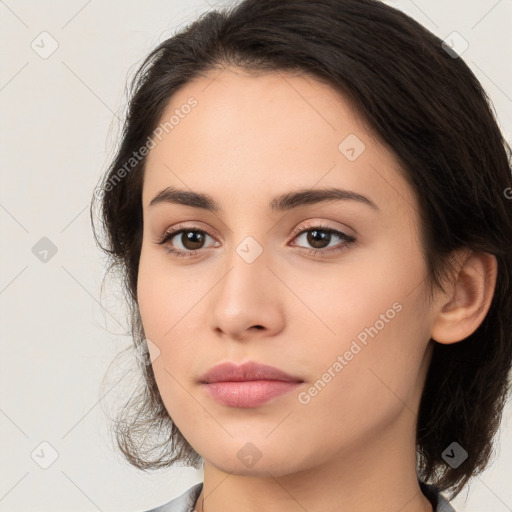 Neutral white young-adult female with medium  brown hair and brown eyes