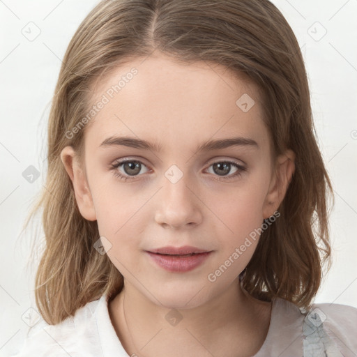 Joyful white child female with medium  brown hair and brown eyes