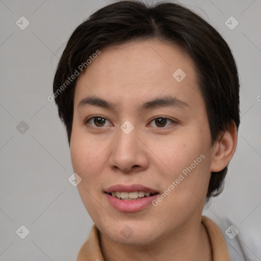 Joyful white young-adult female with medium  brown hair and brown eyes