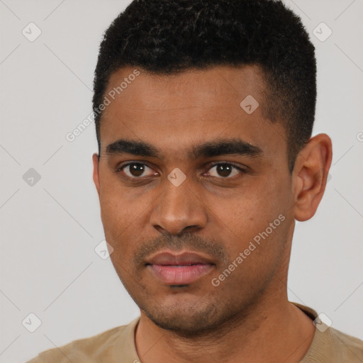 Joyful black young-adult male with short  black hair and brown eyes