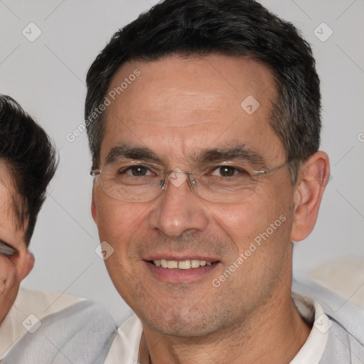 Joyful white adult male with short  black hair and brown eyes