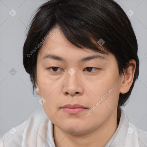 Neutral asian young-adult female with medium  brown hair and brown eyes