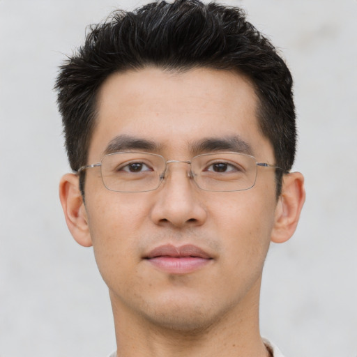 Neutral asian young-adult male with short  brown hair and brown eyes