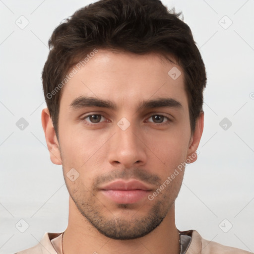 Neutral white young-adult male with short  brown hair and brown eyes