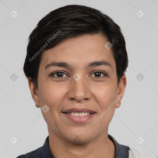 Joyful white young-adult male with short  black hair and brown eyes