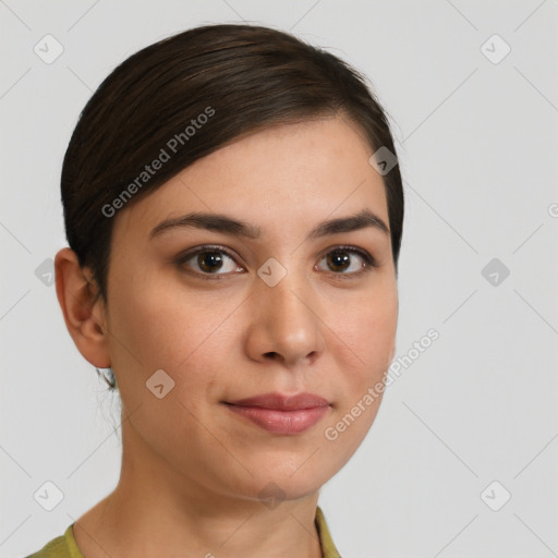 Joyful white young-adult female with medium  brown hair and brown eyes