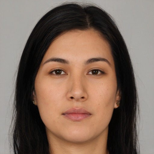 Neutral asian young-adult female with long  brown hair and brown eyes