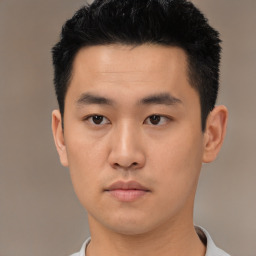 Neutral asian young-adult male with short  black hair and brown eyes