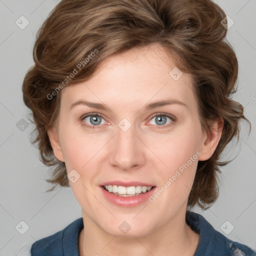 Joyful white young-adult female with medium  brown hair and blue eyes