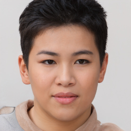 Joyful asian young-adult female with short  brown hair and brown eyes