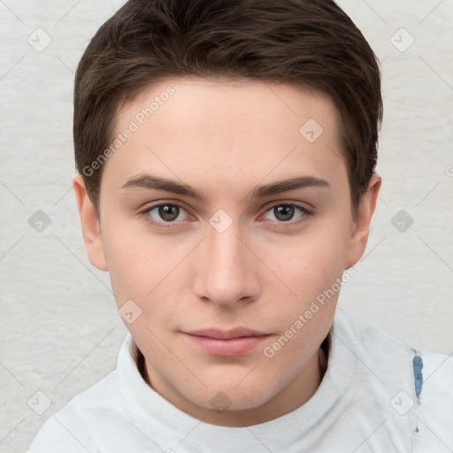 Neutral white young-adult male with short  brown hair and brown eyes