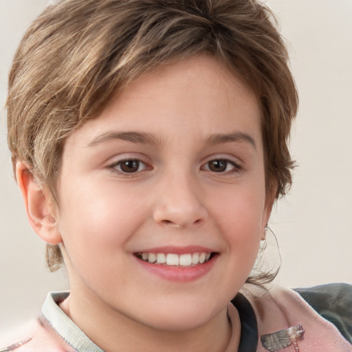 Joyful white child female with short  brown hair and brown eyes