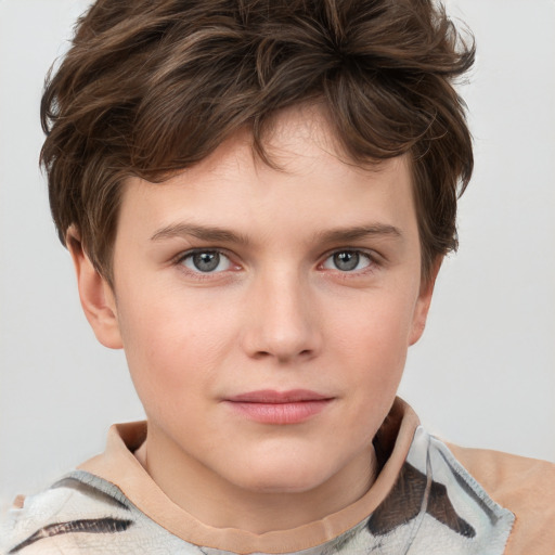 Joyful white child female with short  brown hair and grey eyes