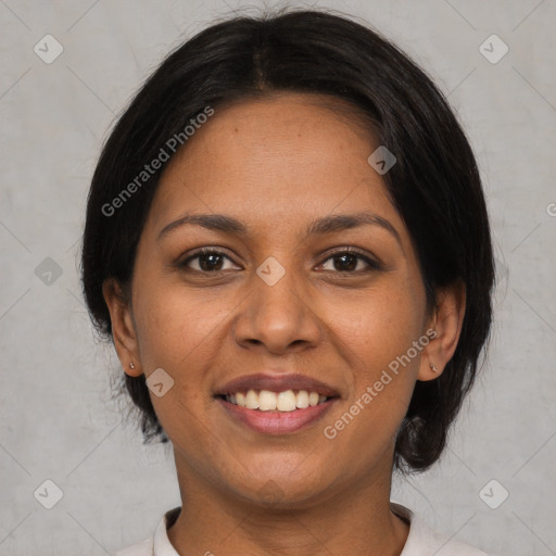 Joyful latino young-adult female with medium  black hair and brown eyes