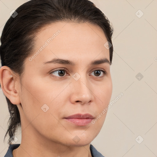 Neutral white young-adult female with medium  brown hair and brown eyes