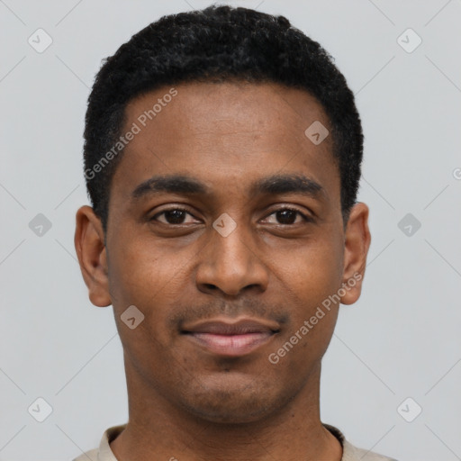 Neutral black young-adult male with short  black hair and brown eyes