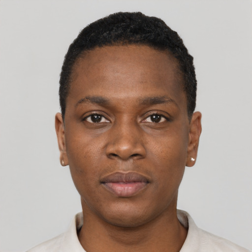 Neutral black young-adult male with short  black hair and brown eyes