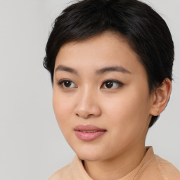 Joyful asian young-adult female with short  black hair and brown eyes