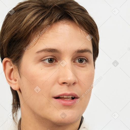 Neutral white young-adult female with short  brown hair and brown eyes